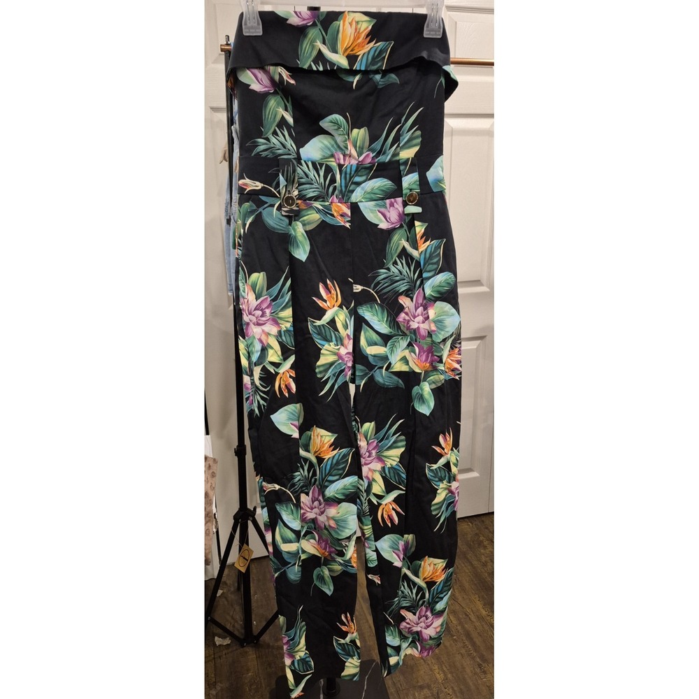 Imperial Black Tropical‎ Floral Sleeveless Strapless Jumpsuit Pockets Size M EUC